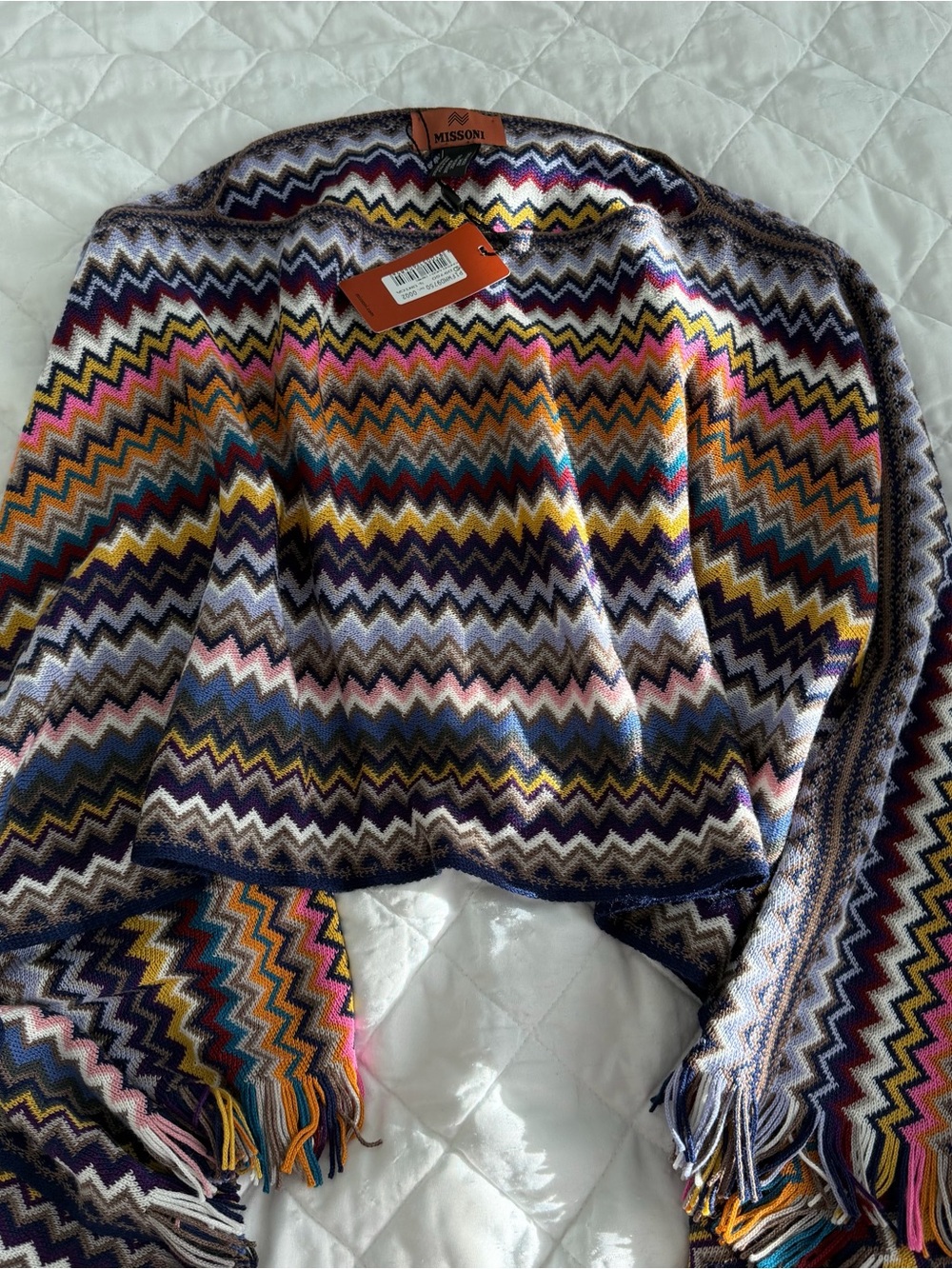 Missoni Multicolor Chevron Fringe Knit Poncho - Purple Pink Yellow Blue Cream